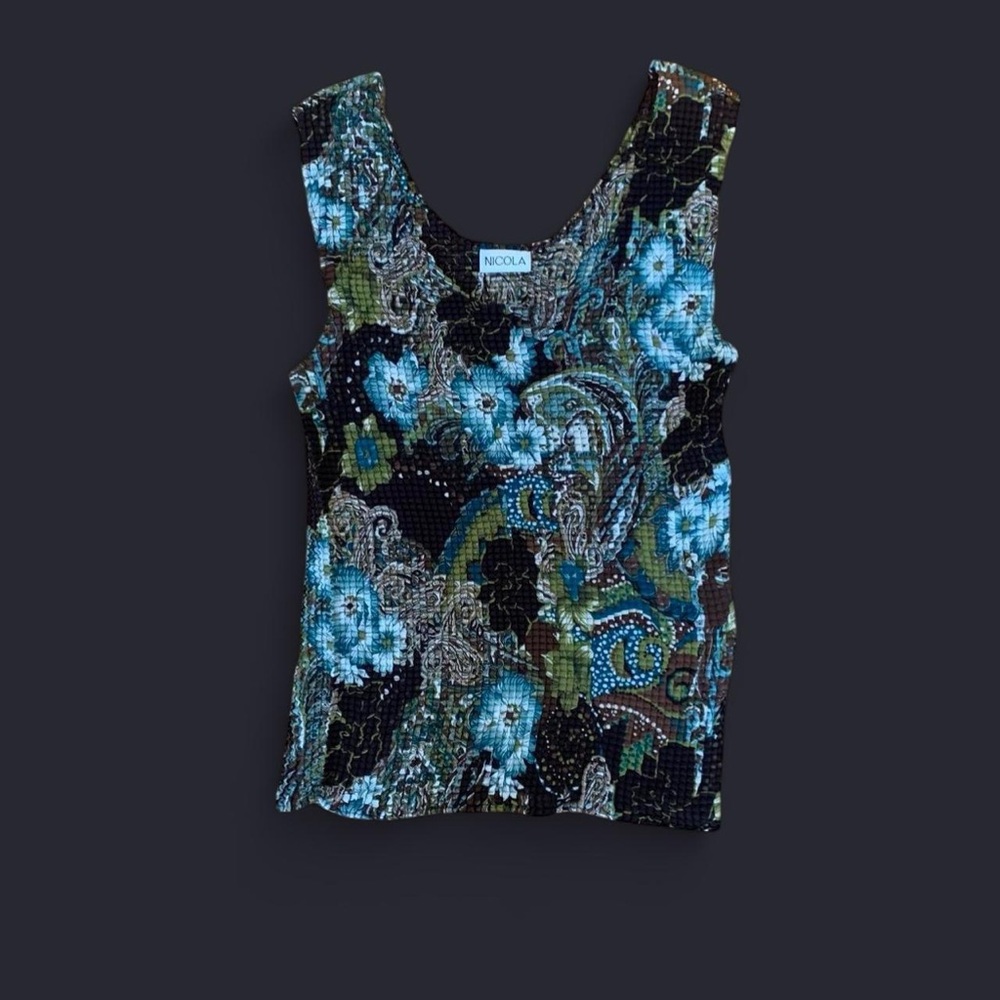 NICOLA Blue and Green Floral Scoop Neck Tank